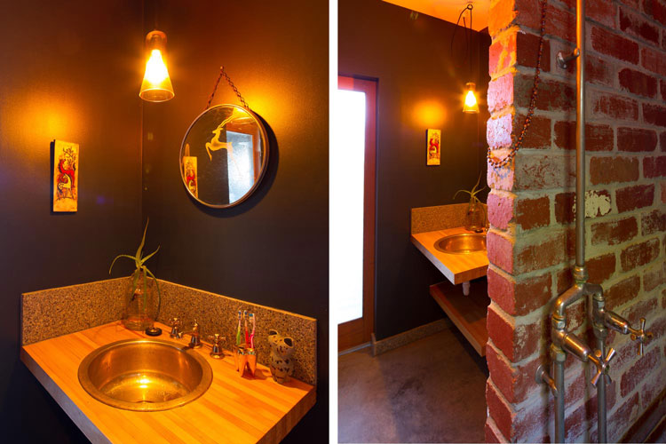 In the bathroom of Florence Street House, an old bowling alley is used at the bathroom cabinet